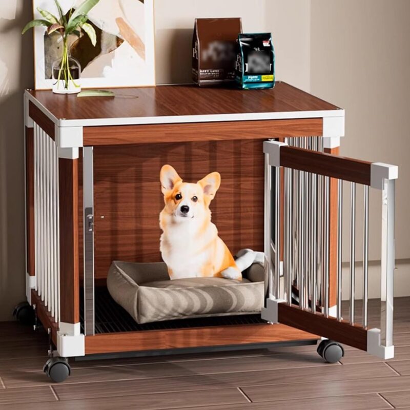 Dog crate with tray, wooden dog crate, dog slatted furniture with wheels, multifunctional side table, reinforced and encrypted frame, stainless steel latches, suitable for anywhere indoors(Walnut,72cm - Image 3