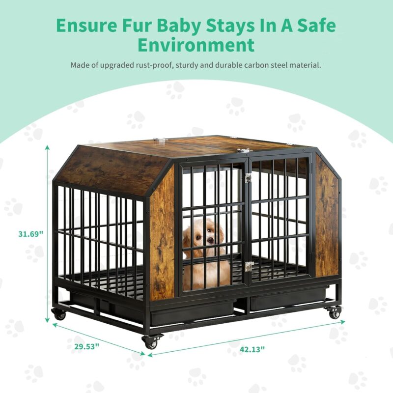 42" Dog Crate Furniture with Flip Top, Dog Crate End Table with Tray for Small/Medium/Large Dogs, Dog Kennel Furniture with Lockable Universal Wheels,Chew Resistant, Heavy Duty, Rustic Brown - Image 4