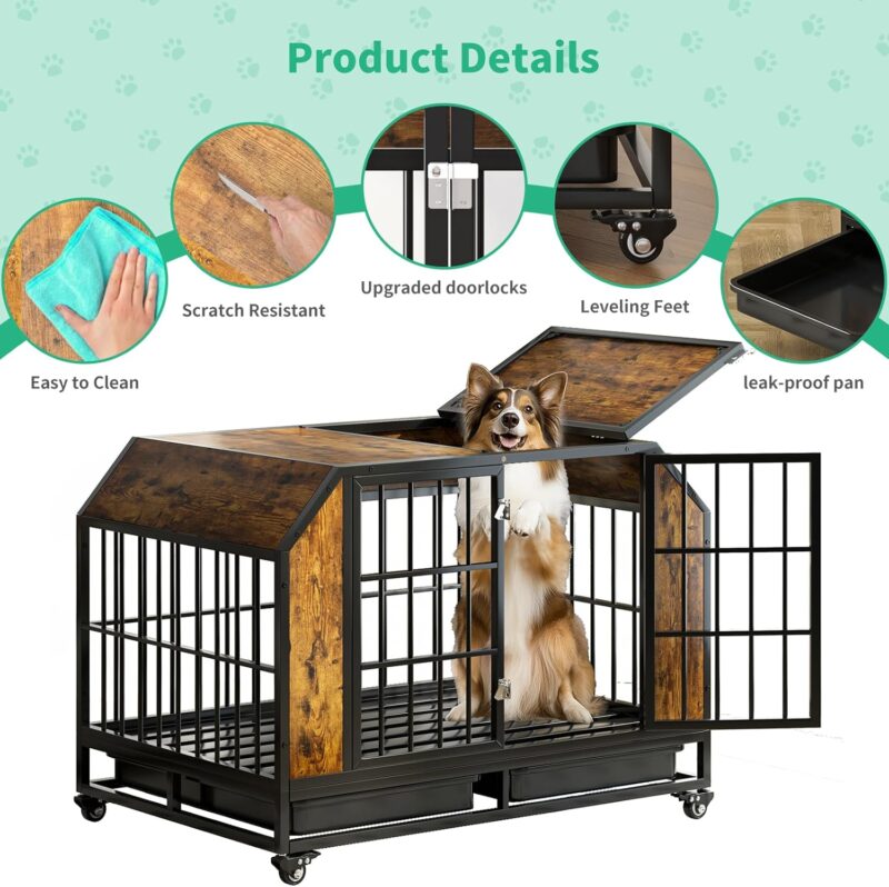 42" Dog Crate Furniture with Flip Top, Dog Crate End Table with Tray for Small/Medium/Large Dogs, Dog Kennel Furniture with Lockable Universal Wheels,Chew Resistant, Heavy Duty, Rustic Brown - Image 3