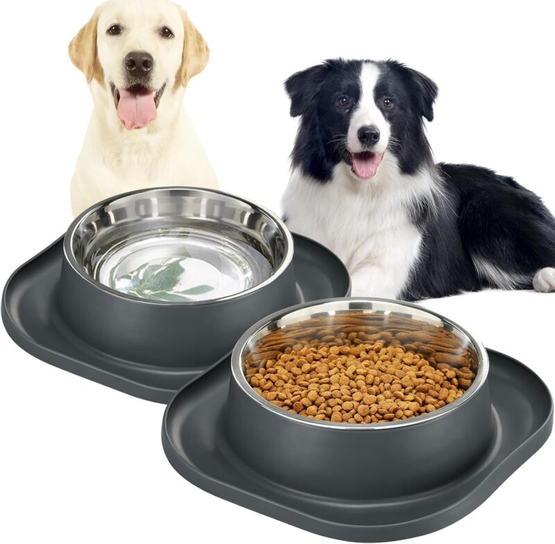 2PACK Large Stainless Steel Dog Bowls, 7 Cup Water & Food Bowl with Anti-Skid Rubber Base for Large Pet, Metal Bowl Spill Proof Dog Dish with Silicone Feeding Mat for Dry and Wet Foods, Grey