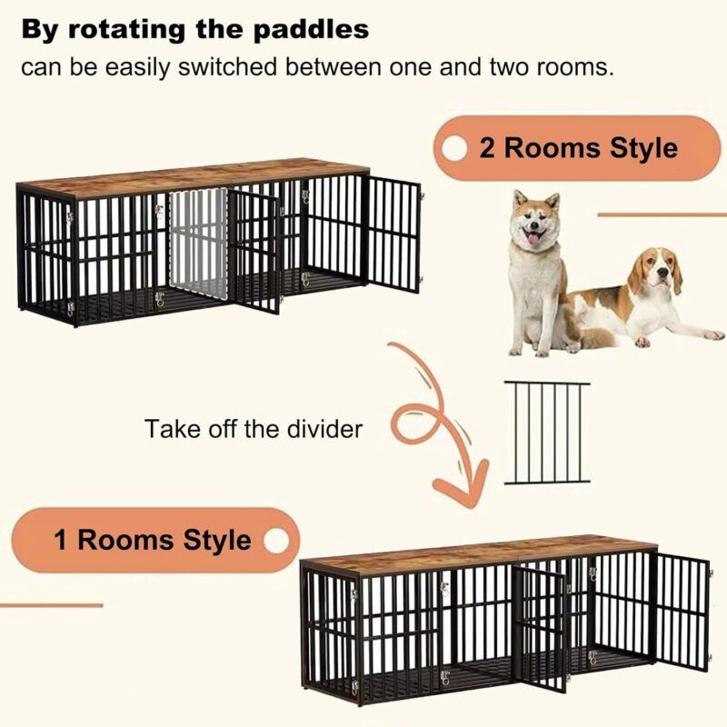 Dog Crate Furniture, Dog Crate with Removable Dividers, 76-Inch Wooden Dog Crate, Heavy Duty Wooden Dog Kennel with 4 Doors + Adjustable Feet for Large Medium Dogs - Image 4