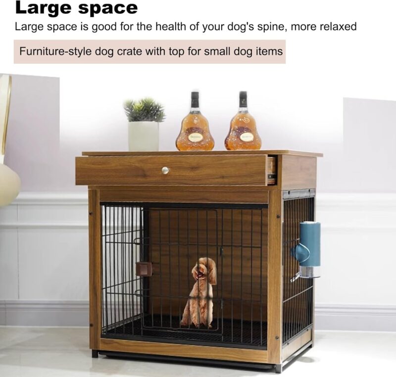 Wooden Pet Crate, Indoor Furniture Dog Crate with Drawers, Dog Crate with Sliding Tray on The Bottom and Storage Table on The Top, Easy to Assemble for Small and Medium Dogs(Black Walnut,Medium) - Image 4