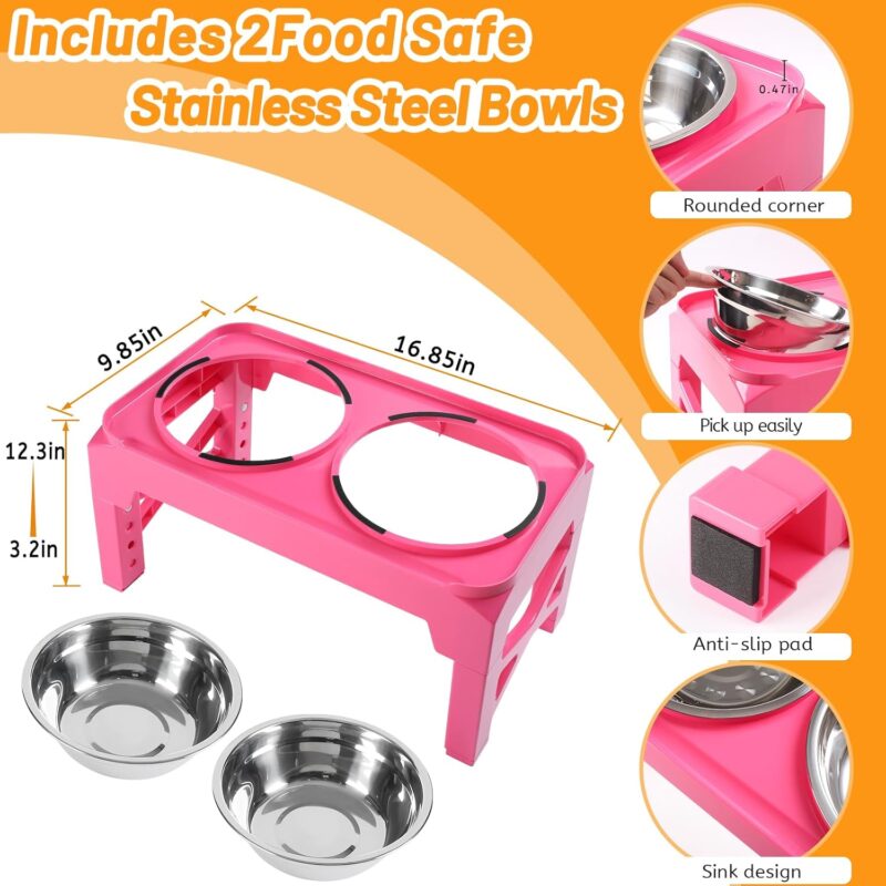 Hubulk Elevated Dog Bowls with 2 Stainless Steel Food & Water Raised Bowls with No Spill Edge Non-Slip Stand Adjusts to 5 Heights(3.2", 8.77", 9.9",11.1", 12.3")for Small Medium Large Dog and Pet Pink - Image 4