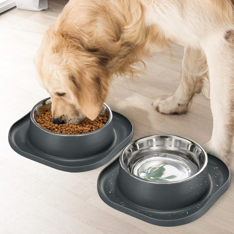 2PACK Large Stainless Steel Dog Bowls, 7 Cup Water & Food Bowl with Anti-Skid Rubber Base for Large Pet, Metal Bowl Spill Proof Dog Dish with Silicone Feeding Mat for Dry and Wet Foods, Grey - Image 6