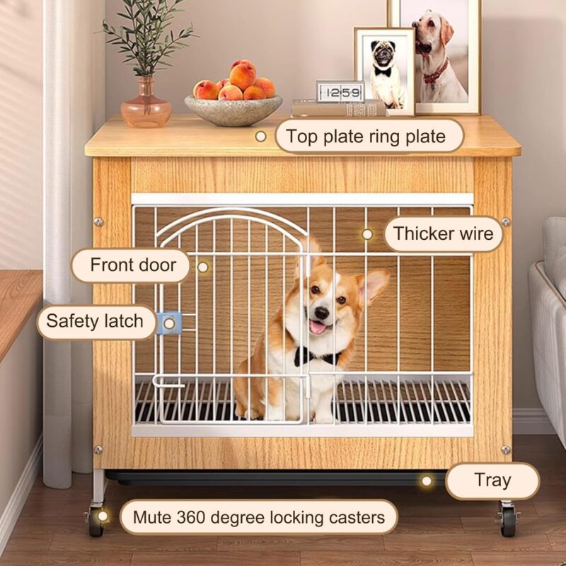 Medium Dog Crate, Dog Crate Table with 360° Silent Wheels and Tray, Wooden Dog Crate, Dog Crate Furniture, Spacious Tabletop, Storage at Your Disposal, Suitable for Small/Medium-Sized Dogs(Large) - Image 5