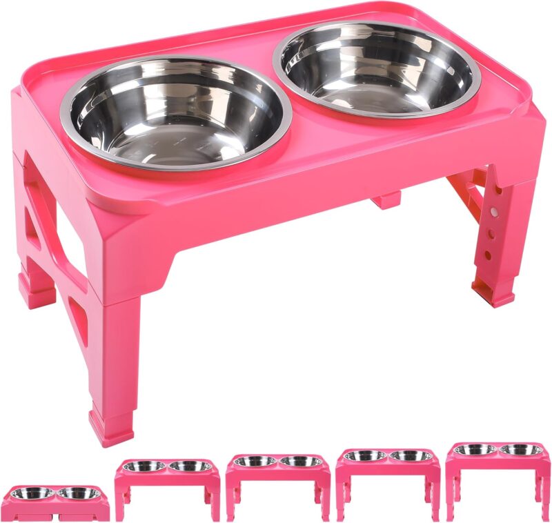 Hubulk Elevated Dog Bowls with 2 Stainless Steel Food & Water Raised Bowls with No Spill Edge Non-Slip Stand Adjusts to 5 Heights(3.2", 8.77", 9.9",11.1", 12.3")for Small Medium Large Dog and Pet Pink