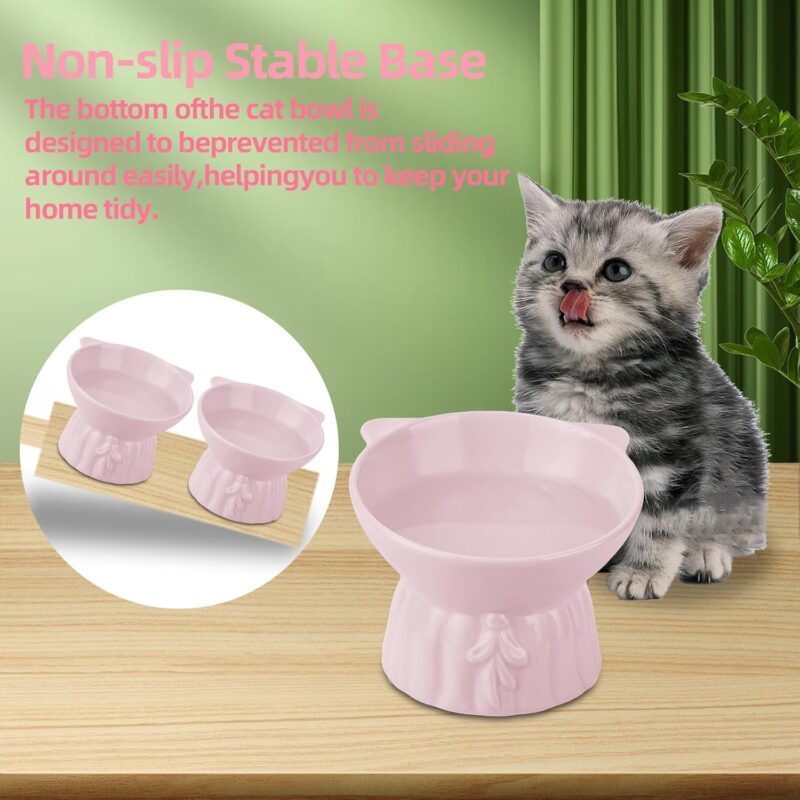 2Pcs Ceramic Elevated Cat Bowls, Extra Wide Raised Cat Bowls for Food and Water, Shallow Cat Food Dish Whisker Friendly, Anti Vomit Cat Bowl Microwave and Dishwasher Safe, Great Height for Cat (Pink) - Image 5