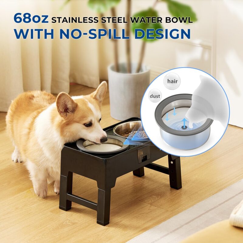 Elevated Dog Bowls, Slow Feeder Food Bowl & Large No-Spill Water Bowl 68oz with Water Collection, 4 Heights Adjustable to 13.4" with Stand for Small Medium Large Dogs - Image 3