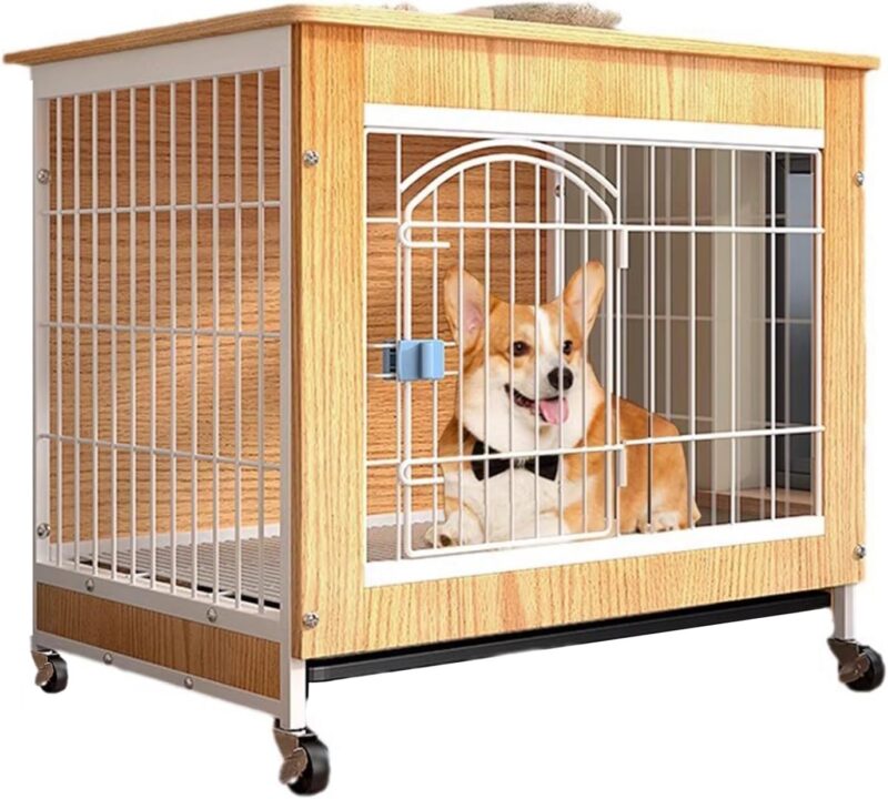 Medium Dog Crate, Dog Crate Table with 360° Silent Wheels and Tray, Wooden Dog Crate, Dog Crate Furniture, Spacious Tabletop, Storage at Your Disposal, Suitable for Small/Medium-Sized Dogs(Large)