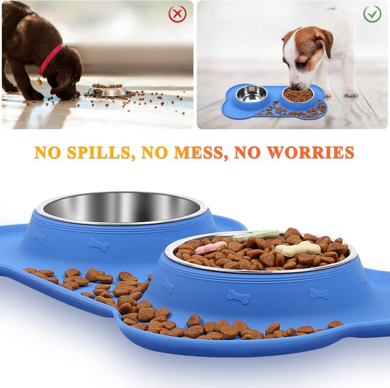 VIVAGLORY Dog Bowls, Dog Food Bowls, Stainless Steel Cat Puppy Water Bowls with Non Spill Skid Resistant Silicone Mat, Medium, Blue - Image 3