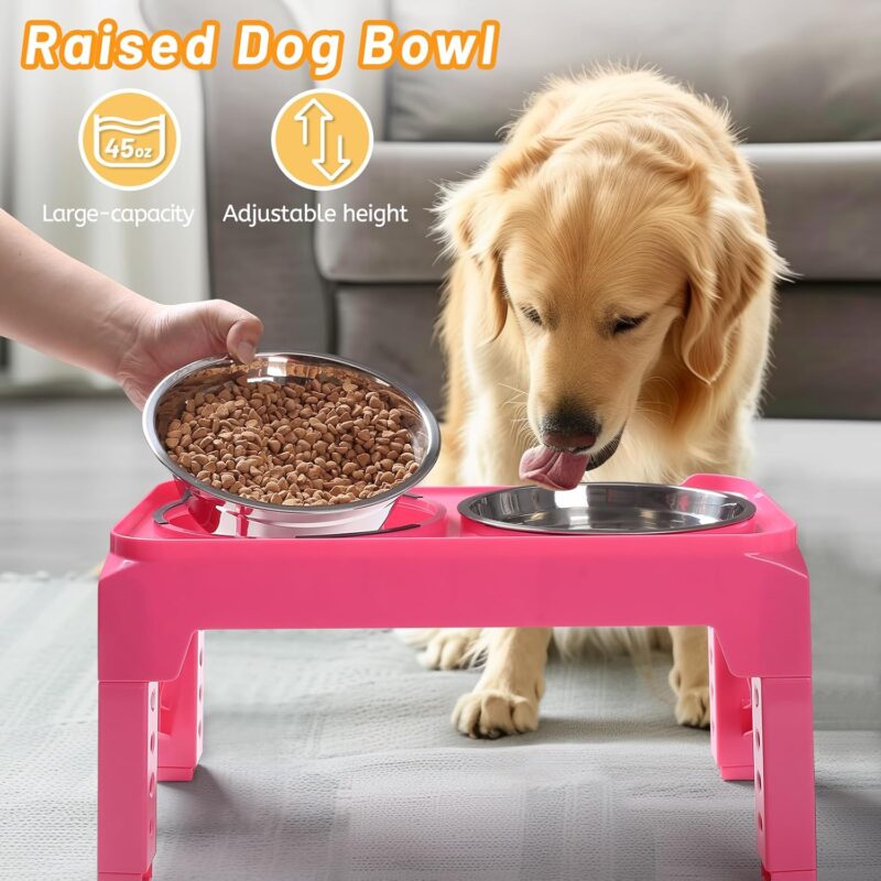 Hubulk Elevated Dog Bowls with 2 Stainless Steel Food & Water Raised Bowls with No Spill Edge Non-Slip Stand Adjusts to 5 Heights(3.2", 8.77", 9.9",11.1", 12.3")for Small Medium Large Dog and Pet Pink - Image 5