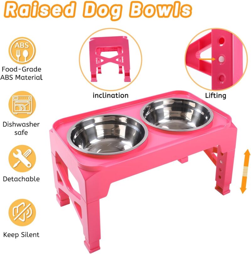 Hubulk Elevated Dog Bowls with 2 Stainless Steel Food & Water Raised Bowls with No Spill Edge Non-Slip Stand Adjusts to 5 Heights(3.2", 8.77", 9.9",11.1", 12.3")for Small Medium Large Dog and Pet Pink - Image 7