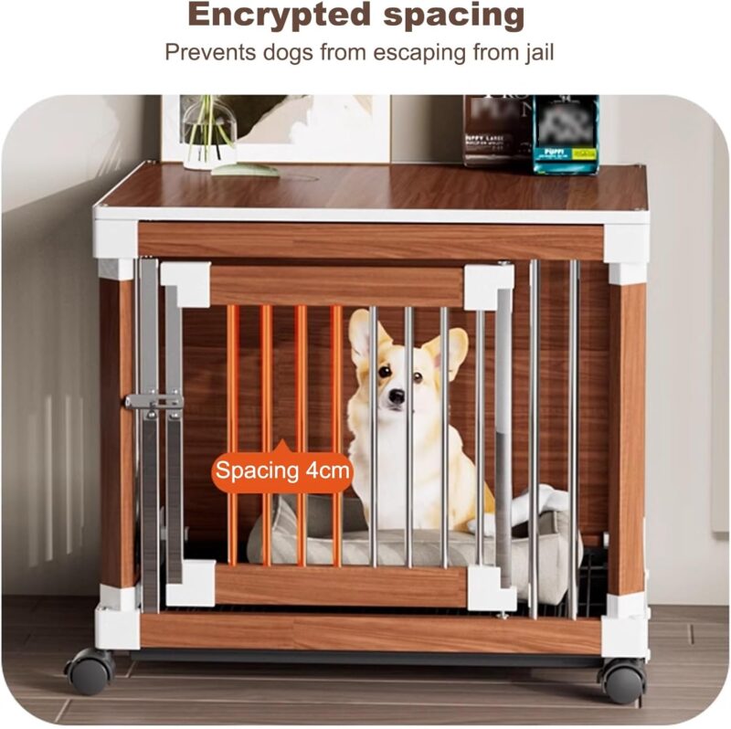 Dog crate with tray, wooden dog crate, dog slatted furniture with wheels, multifunctional side table, reinforced and encrypted frame, stainless steel latches, suitable for anywhere indoors(Walnut,72cm - Image 7