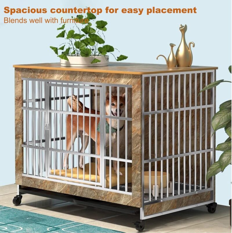 Wooden Dog Crate Furniture, Stainless Steel Dog Crate, Heavy Duty Dog Crate, Modern Side Table with Universal Wheels, 360° Swivel, Free Movement, Suitable for Medium-sized Dogs and Small Dogs(Walnut,1 - Image 3