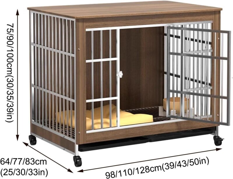 Wooden Dog Crate Furniture, Stainless Steel Dog Crate, Heavy Duty Dog Crate, Modern Side Table with Universal Wheels, 360° Swivel, Free Movement, Suitable for Medium-sized Dogs and Small Dogs(Walnut,1 - Image 2