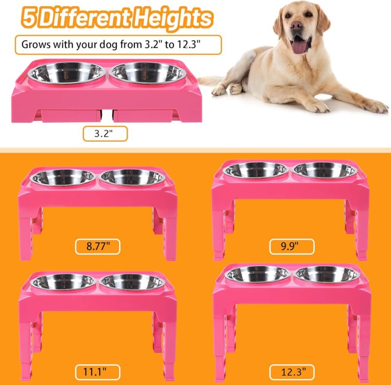 Hubulk Elevated Dog Bowls with 2 Stainless Steel Food & Water Raised Bowls with No Spill Edge Non-Slip Stand Adjusts to 5 Heights(3.2", 8.77", 9.9",11.1", 12.3")for Small Medium Large Dog and Pet Pink - Image 2