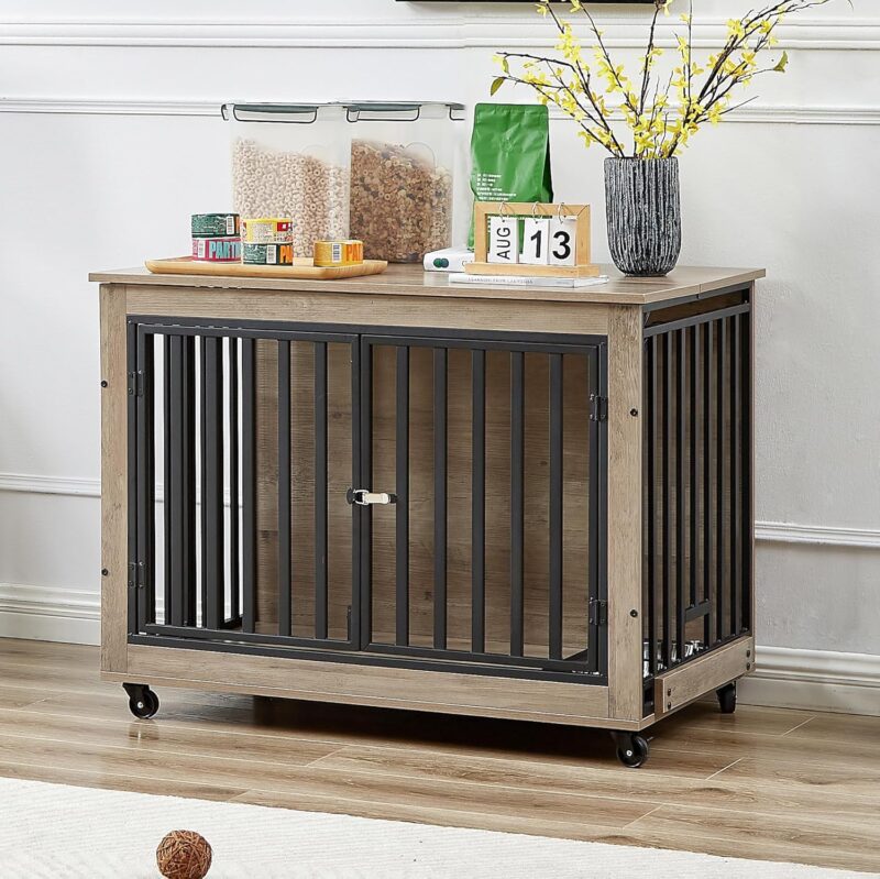 Furniture Style Dog Crate Side Table with Feeding Bowl, Wheels, Three Doors, Flip-Up Top Opening. Indoor, Grey, 38.58" W x 25.2" D x 27.17" H - Image 6