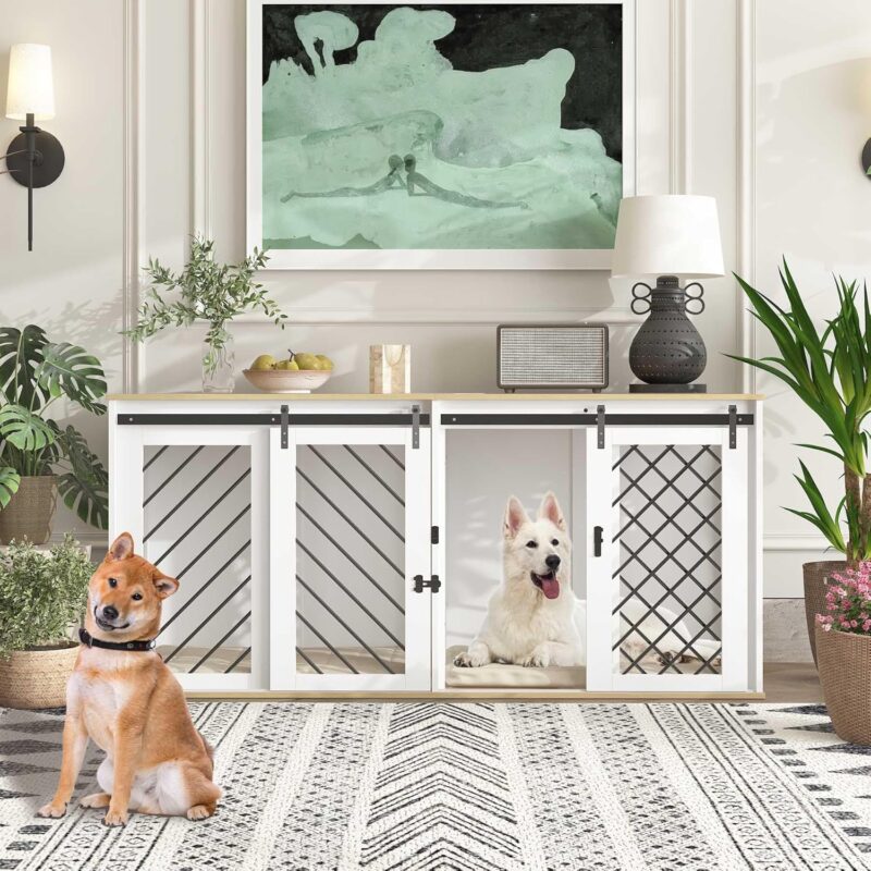 Furniture Dog Crate,Heavy Duty Wooden Dog Cage Kennel with a Removable Divider & Sliding Doors,71" Indoor Furniture Style Dog Crate Table,Dog House for Large Medium Small Dogs,White