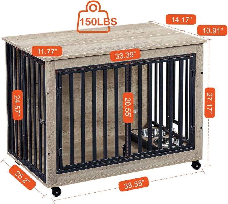 Furniture Style Dog Crate Side Table with Feeding Bowl, Wheels, Three Doors, Flip-Up Top Opening. Indoor, Grey, 38.58" W x 25.2" D x 27.17" H - Image 3