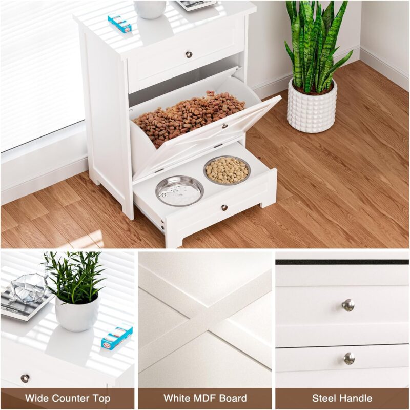 Dog Feeding Station with 2 Elevated Dog Bowls,Hidden Pet Feeder Station with Tilt Out Dog Food Storage Cabinet,Dog & Cat Storage Organizer with Drawer,White - Image 4