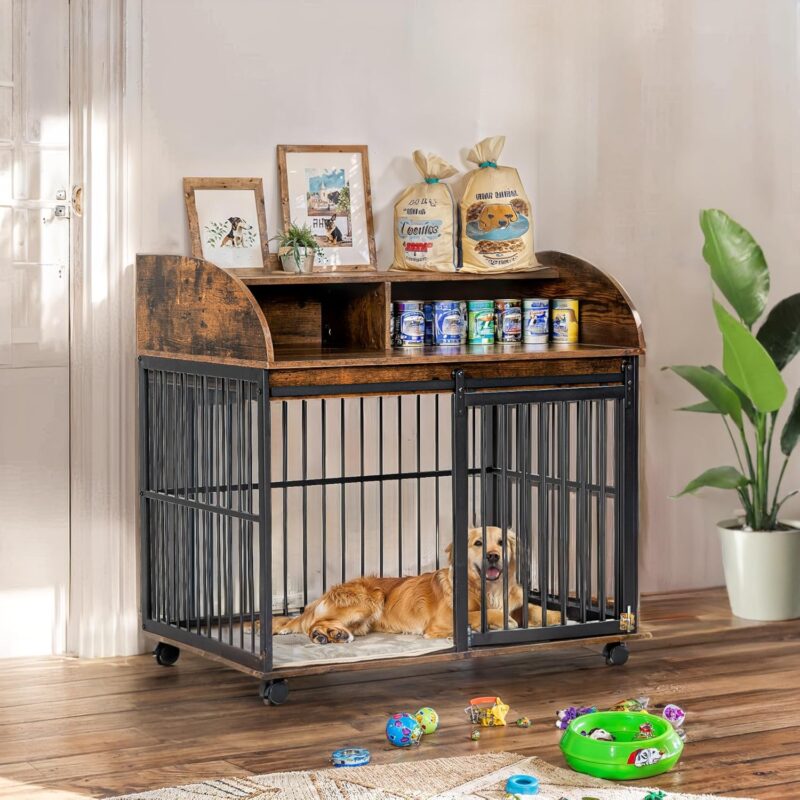 Elegant & Functional 38" Furniture-Style Dog Crate with Lockable Wheels & Double Layer Storage - Perfect for Medium Dogs up to 70 LBS - Image 8