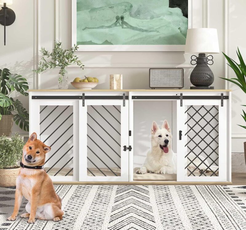 Dog Cage Furniture, 71" Dog Crates for 2 Dogs, Furniture Dog Crate, Multi-Functional Dog House, Modern Dog Crate Enclosure Funiture for Large Medium Dog, Dual Dog Crate Furniture, White