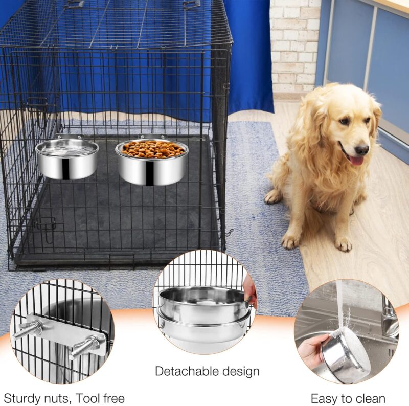 Dog Crate Water and Food Bowl, ShineMe Stainless Steel Dog Bowls Hanging 2 Pack for Cage Crate Kennel, Spill Proof Dog Bowl for Medium and Small Sized Dogs Cats Pets (6.3 * 2.6” & 5.5 * 2.4”) - Image 5