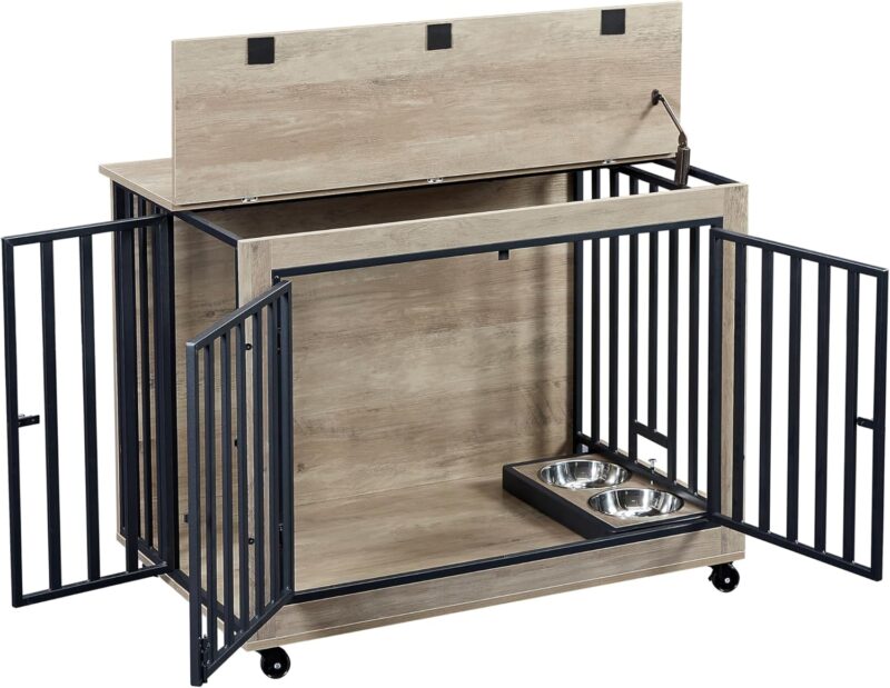 Furniture Style Dog Crate Side Table with Feeding Bowl, Wheels, Three Doors, Flip-Up Top Opening. Indoor, Grey, 38.58" W x 25.2" D x 27.17" H - Image 2