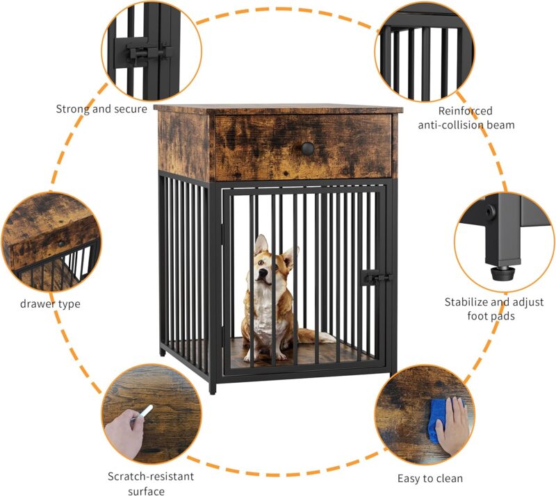 Indoor Dog Crate Furniture with Drawers Chew Proof Metal Fence and Adjustable Feet Dog Cage for Small Dogs, Brown - Image 5