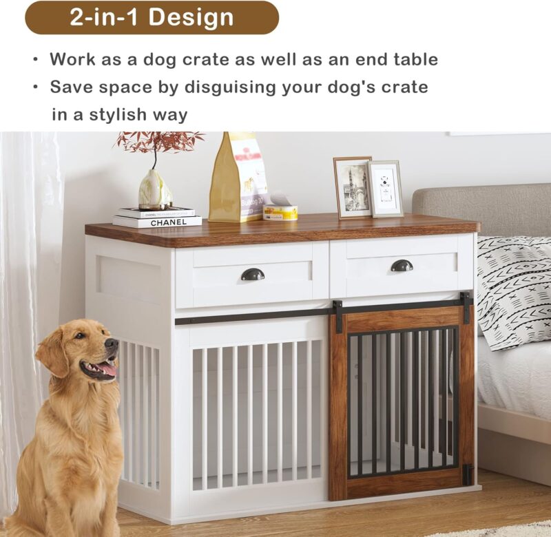 Rustic Wooden Dog Crate Furniture | Large Pet Kennel End Table with Storage | Country Style Double Door Dog House for Indoor Use (Fits Dogs up to 60 lbs) - Image 9