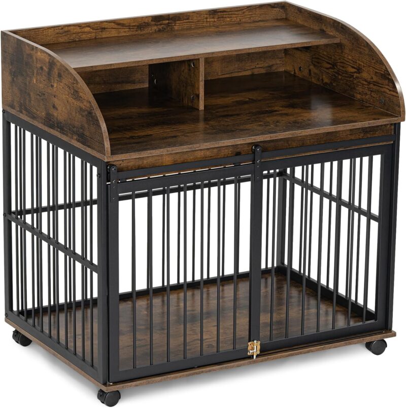Elegant & Functional 38" Furniture-Style Dog Crate with Lockable Wheels & Double Layer Storage - Perfect for Medium Dogs up to 70 LBS