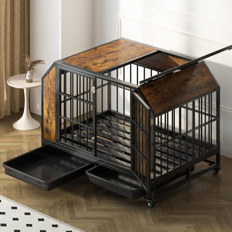 42" Dog Crate Furniture with Flip Top, Dog Crate End Table with Tray for Small/Medium/Large Dogs, Dog Kennel Furniture with Lockable Universal Wheels,Chew Resistant, Heavy Duty, Rustic Brown - Image 2