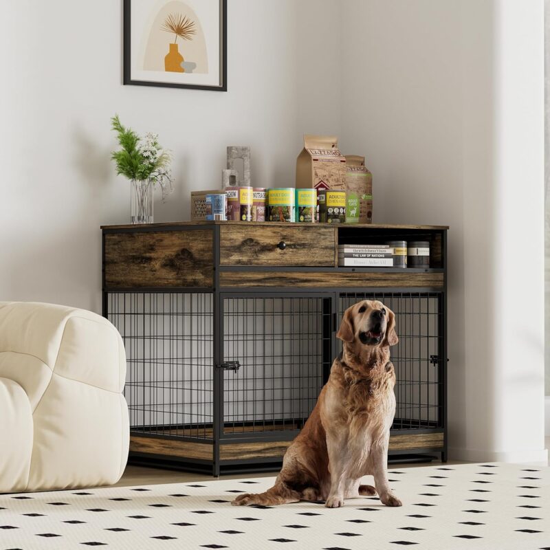 Dog Crate Furniture for Large Dogs, Dog Kennel End Table with Double Doors, Large Indoor Wooden Pet Cage with Tray,Chew-Proof Steel Frame, Modern Side End Table,38.78'' W x 27.36'' D x 32.17'' H