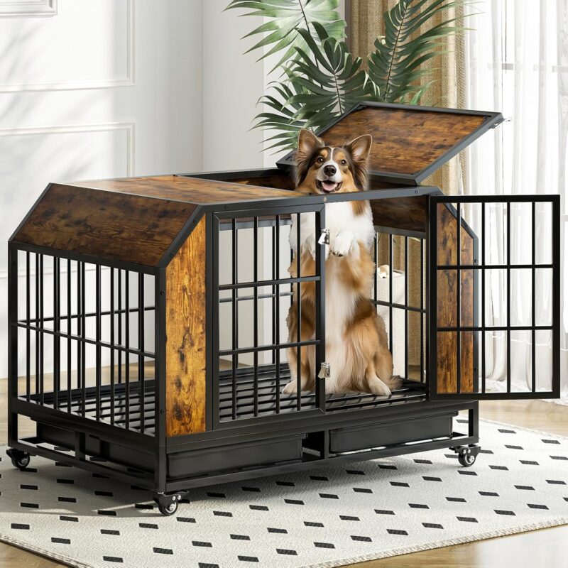 42" Dog Crate Furniture with Flip Top, Dog Crate End Table with Tray for Small/Medium/Large Dogs, Dog Kennel Furniture with Lockable Universal Wheels,Chew Resistant, Heavy Duty, Rustic Brown - Image 7