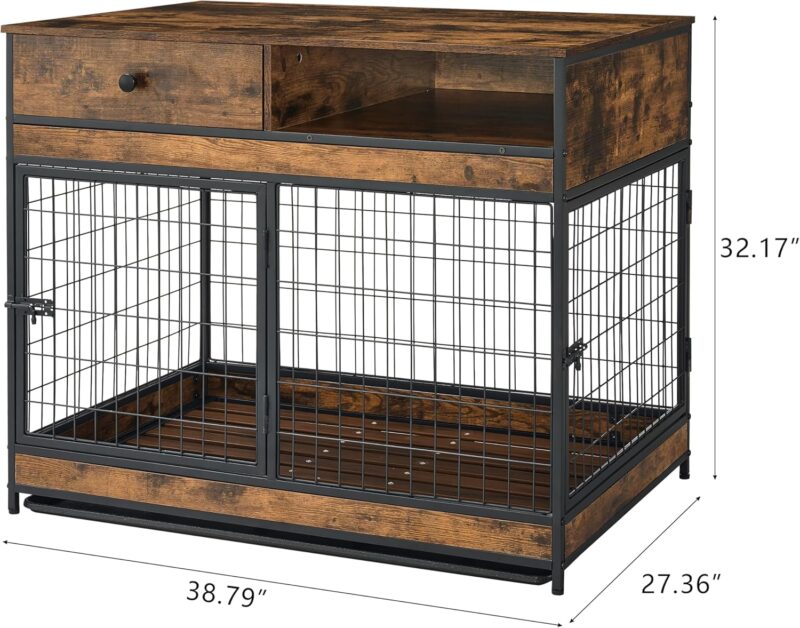 Dog Crate Furniture for Large Dogs, Dog Kennel End Table with Double Doors, Large Indoor Wooden Pet Cage with Tray,Chew-Proof Steel Frame, Modern Side End Table,38.78'' W x 27.36'' D x 32.17'' H - Image 3