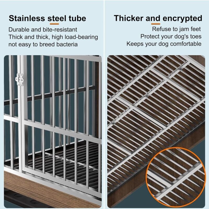 Wooden Dog Crate Furniture, Stainless Steel Dog Crate, Heavy Duty Dog Crate, Modern Side Table with Universal Wheels, 360° Swivel, Free Movement, Suitable for Medium-sized Dogs and Small Dogs(Walnut,1 - Image 4