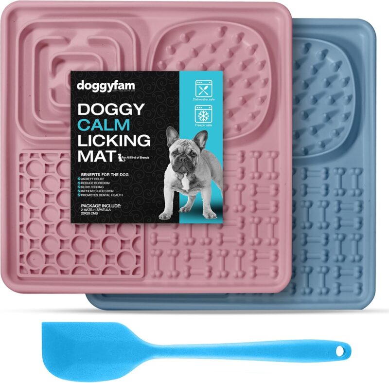 Suction Lick Mat for Dogs - Calming Silicone Dog Lick Mat for Boredom, Baths, Grooming - Slow Feeder Mat with Spatula for Peanut Butter, Treats - Freezer & Dishwasher-Safe - 7.9x7.9-2-Pack