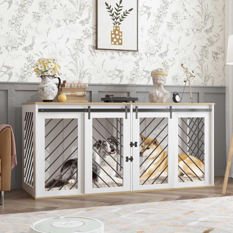 Furniture Dog Crate,Heavy Duty Wooden Dog Cage Kennel with a Removable Divider & Sliding Doors,71" Indoor Furniture Style Dog Crate Table,Dog House for Large Medium Small Dogs,White - Image 7