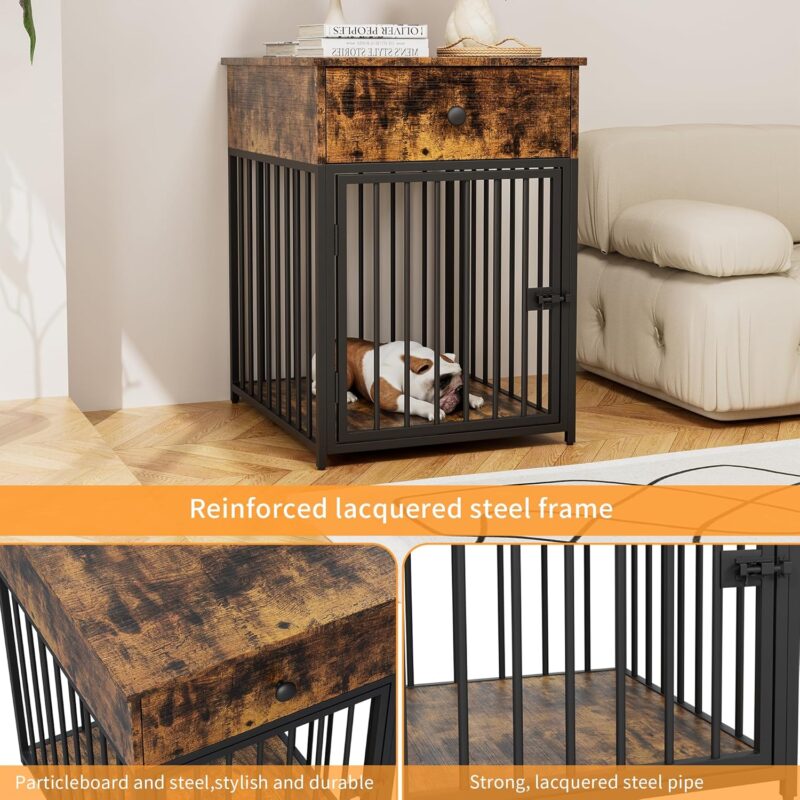 Indoor Dog Crate Furniture with Drawers Chew Proof Metal Fence and Adjustable Feet Dog Cage for Small Dogs, Brown - Image 4