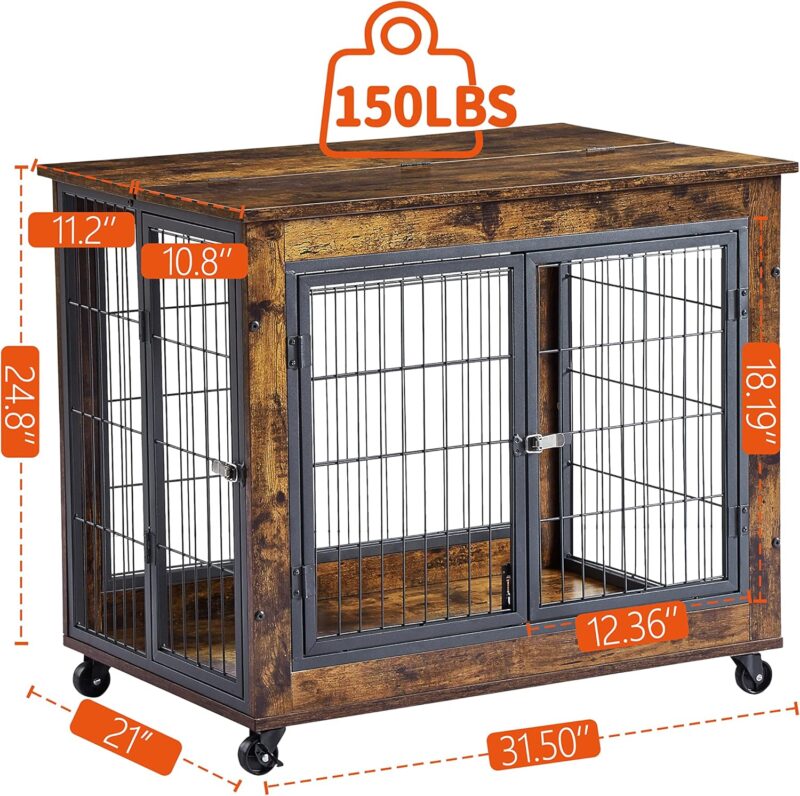 Wooden Indoor Dog Crate with Rolling Casters & Multiple Entry Points - Perfect for Medium-Sized Dogs.Furniture Style Dog Crate Side Table on Wheels with Double Doors and Lift Top (Rustic Brown) - Image 3