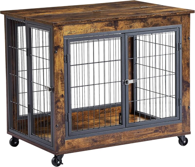 Wooden Indoor Dog Crate with Rolling Casters & Multiple Entry Points - Perfect for Medium-Sized Dogs.Furniture Style Dog Crate Side Table on Wheels with Double Doors and Lift Top (Rustic Brown) - Image 5