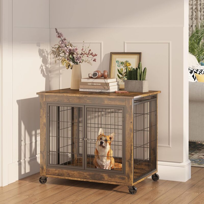 Wooden Indoor Dog Crate with Rolling Casters & Multiple Entry Points - Perfect for Medium-Sized Dogs.Furniture Style Dog Crate Side Table on Wheels with Double Doors and Lift Top (Rustic Brown) - Image 6