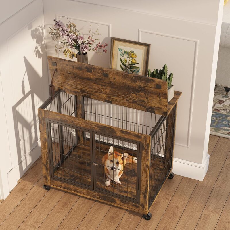 Wooden Indoor Dog Crate with Rolling Casters & Multiple Entry Points - Perfect for Medium-Sized Dogs.Furniture Style Dog Crate Side Table on Wheels with Double Doors and Lift Top (Rustic Brown) - Image 8