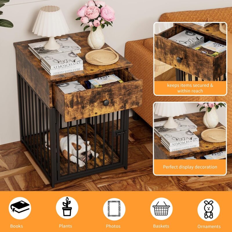 Indoor Dog Crate Furniture with Drawers Chew Proof Metal Fence and Adjustable Feet Dog Cage for Small Dogs, Brown - Image 3