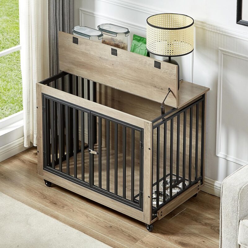 Furniture Style Dog Crate Side Table with Feeding Bowl, Wheels, Three Doors, Flip-Up Top Opening. Indoor, Grey, 38.58" W x 25.2" D x 27.17" H - Image 7