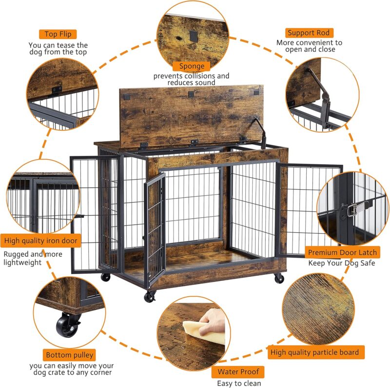 Wooden Indoor Dog Crate with Rolling Casters & Multiple Entry Points - Perfect for Medium-Sized Dogs.Furniture Style Dog Crate Side Table on Wheels with Double Doors and Lift Top (Rustic Brown) - Image 4