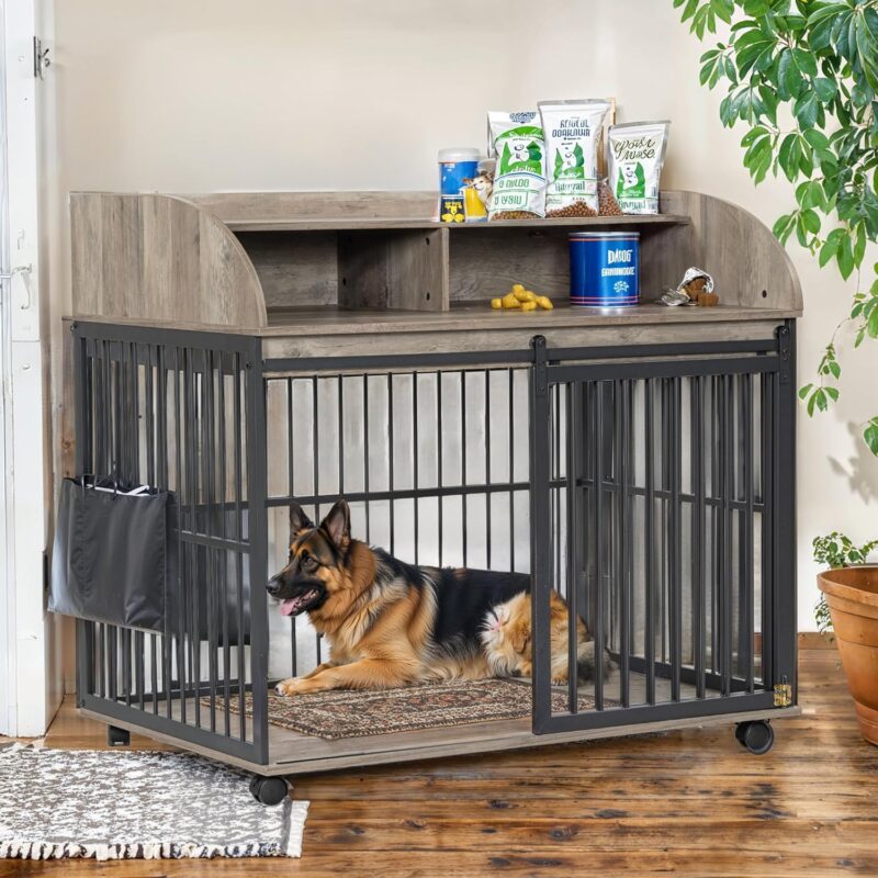 44'' Heavy Duty Large Dog Crate Furniture for Large Medium Dog with Lockable Wheels, Wooden Dog Crate Dog Kennel, End Table Crate with Double Layer Storage, Gray