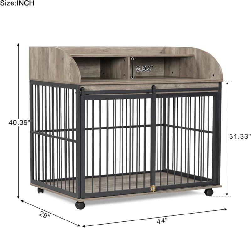 44'' Heavy Duty Large Dog Crate Furniture for Large Medium Dog with Lockable Wheels, Wooden Dog Crate Dog Kennel, End Table Crate with Double Layer Storage, Gray - Image 3