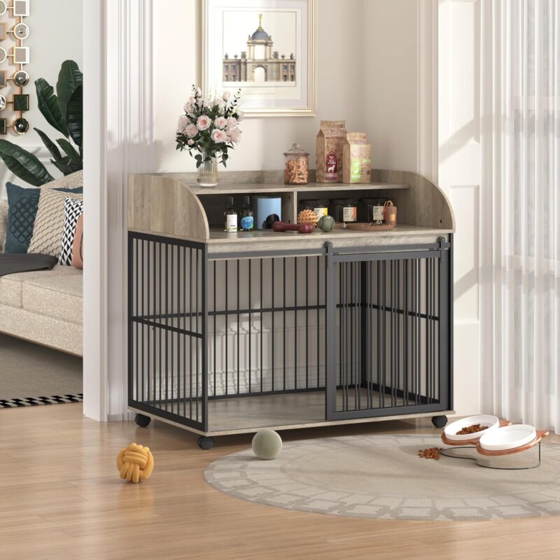 44'' Heavy Duty Large Dog Crate Furniture for Large Medium Dog with Lockable Wheels, Wooden Dog Crate Dog Kennel, End Table Crate with Double Layer Storage, Gray - Image 4