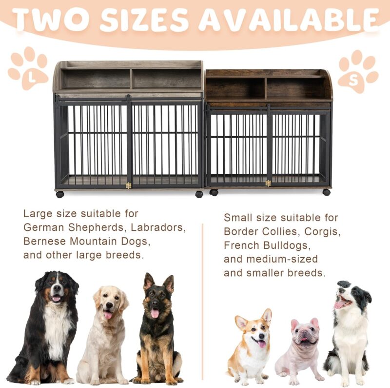 44'' Heavy Duty Large Dog Crate Furniture for Large Medium Dog with Lockable Wheels, Wooden Dog Crate Dog Kennel, End Table Crate with Double Layer Storage, Gray - Image 5